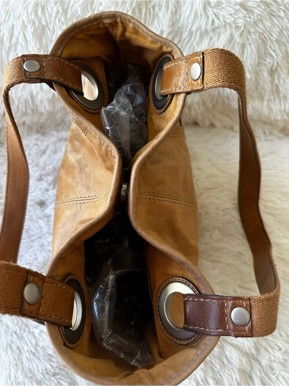 Fossil Long Live Vintage Leather Tote Bag Brown Cognac Hobo Shoulder Purse Y2K